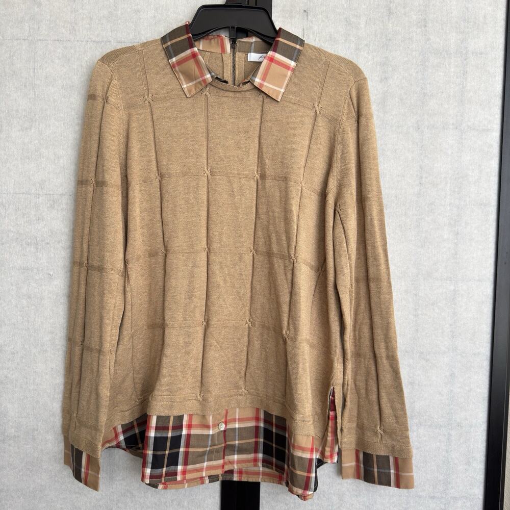 Foxcroft twofer layered sweater beige texture knit‎ top Tartan Plaid sz PXL